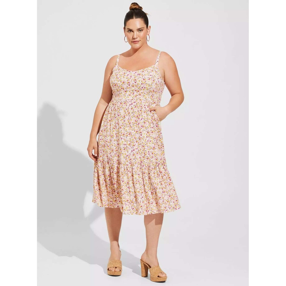 Torrid Midi Rayon Slub Tiered Dress Ditsy Sweetheart Pockets Plus Floral 2 (2X)